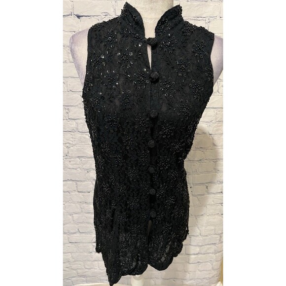 Christina Fairbanks Tops - Vintage Christina Fairbanks black sleeveless beaded sequin button top blouse L